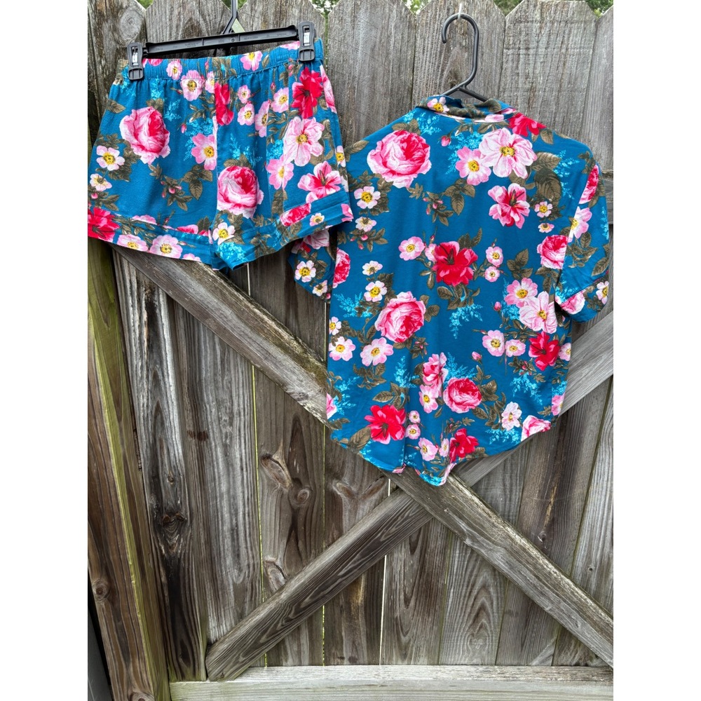 Victoria's Secret Floral Pajama Set Teal Pink Cotton Modal XS Short Sleeve PJ - Picture 4 of 7